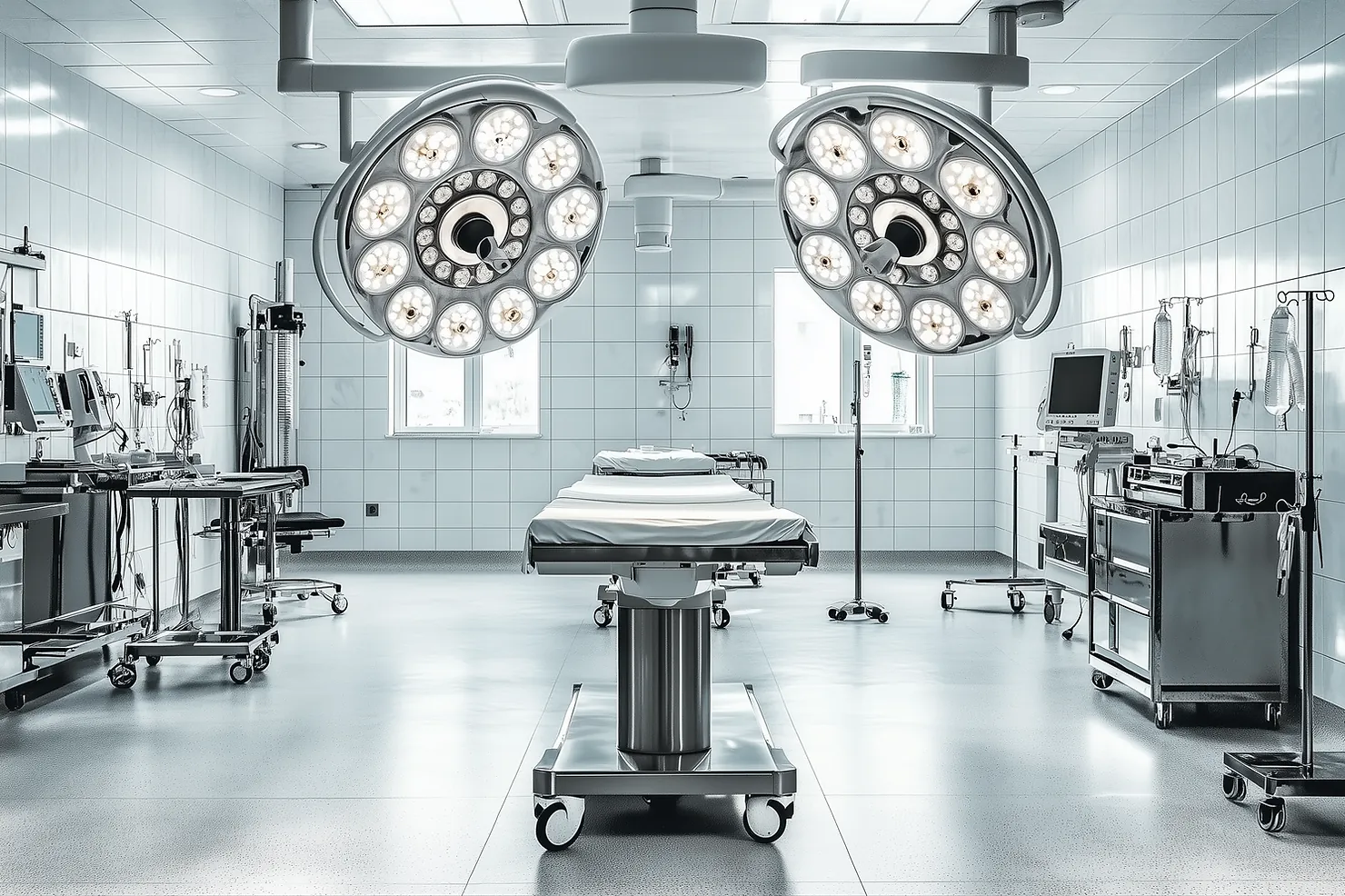 An empty modern operating theatre with two large surgical lights