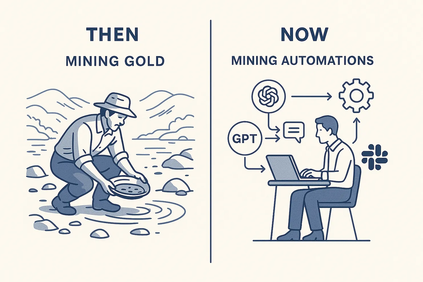 Then: mining gold / Now: mining automations — a person panning for gold beside someone wiring up GPT automations