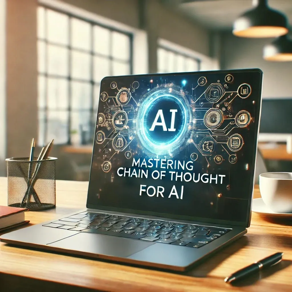 A laptop on a desk displaying 'Mastering Chain of Thought for AI'