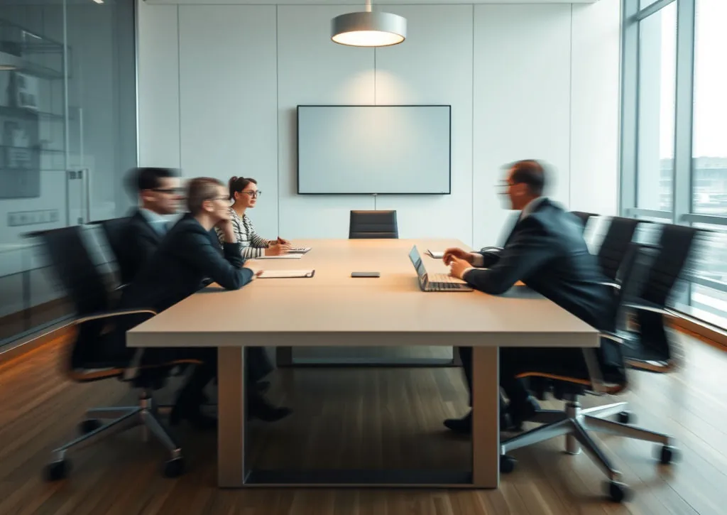 Business team in a glass meeting room, motion-blurred to suggest fast-moving decisions