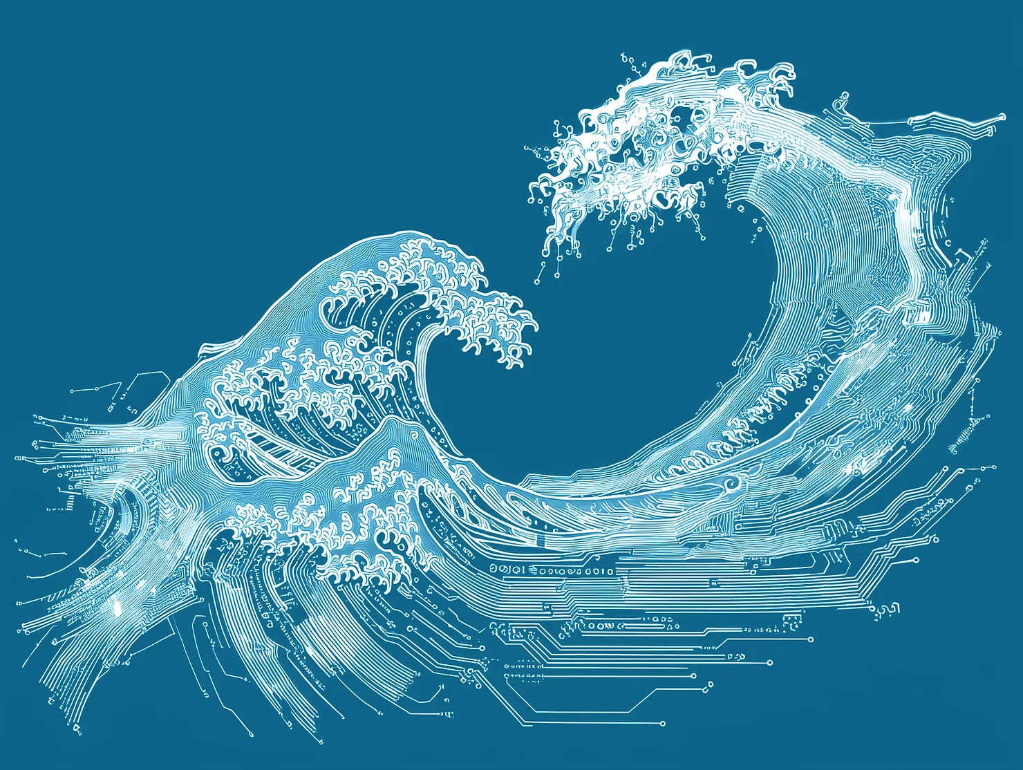 A great wave in the style of Hokusai, rendered from circuit-board lines