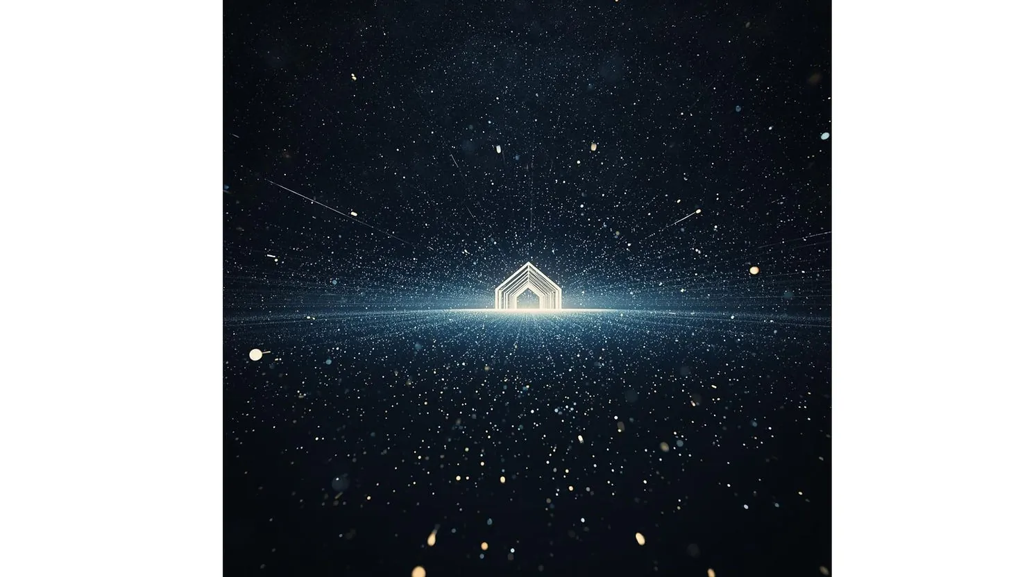 A glowing house-shaped icon at the centre of a vast dark starfield