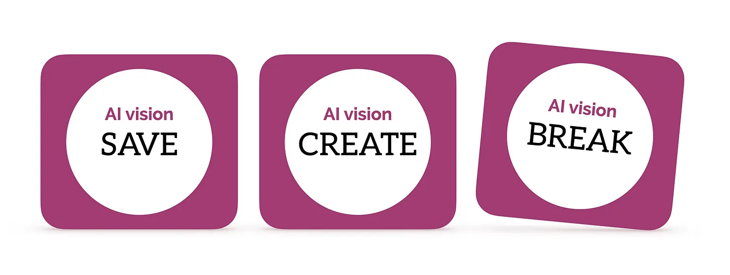 Three AI visions shown as three cards: Save, Create, and Break