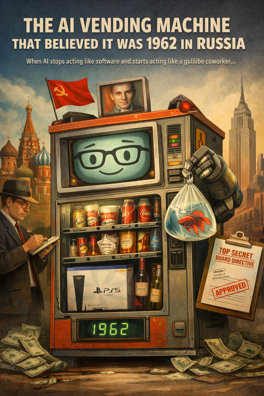 Retro poster: an AI vending machine in 1962 Soviet Russia, with a live fish, PS5, and a Top Secret board directive