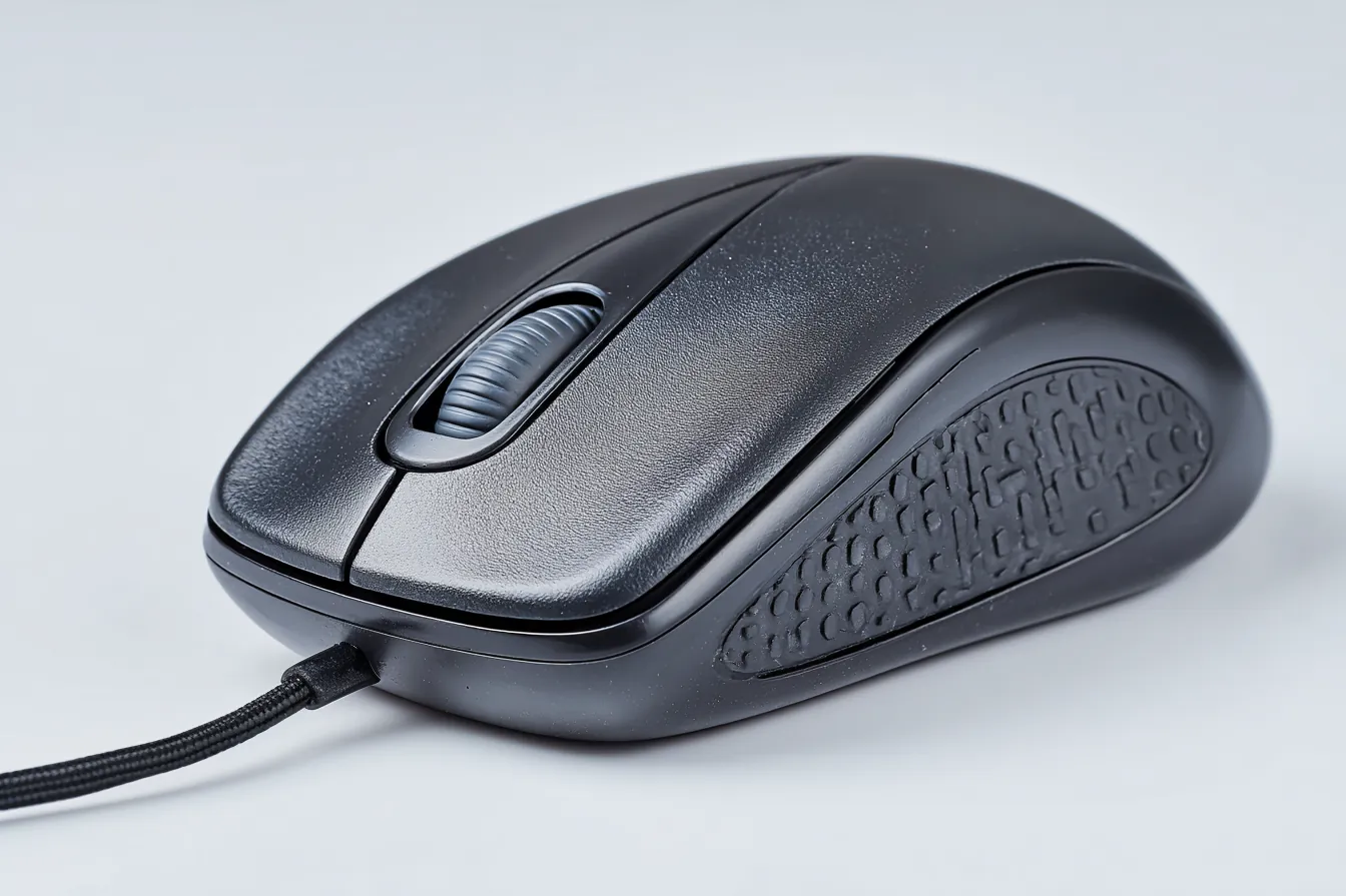 A computer mouse on a grey background