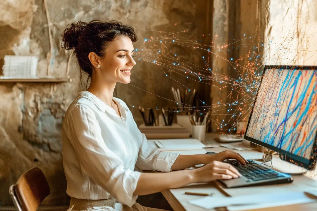 A woman working at a computer, connected to a glowing network of data points