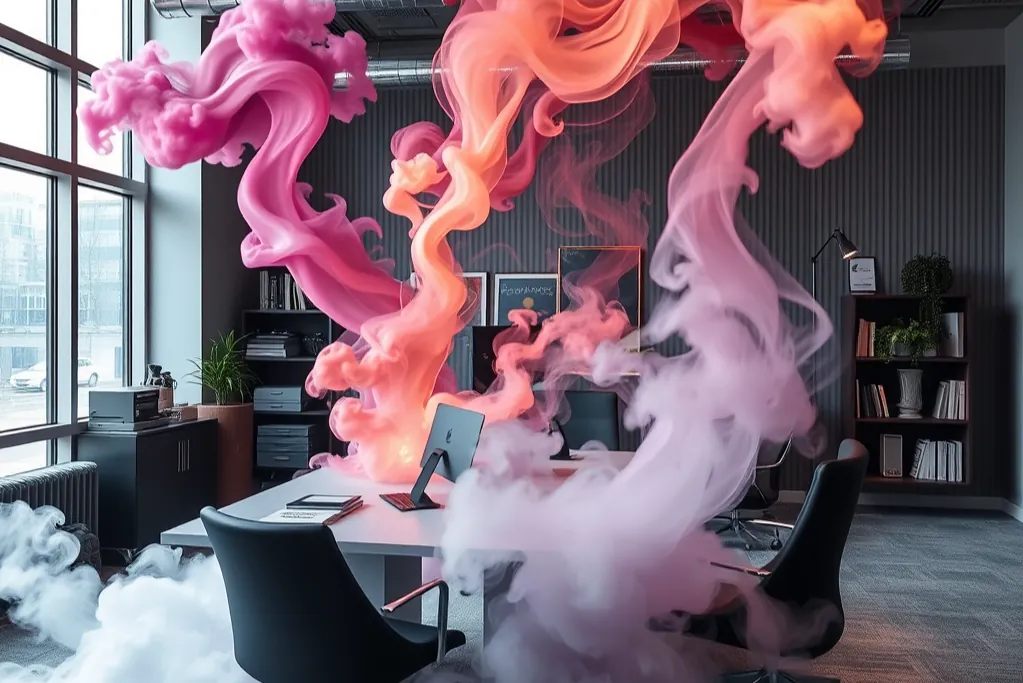 Pink and orange smoke billowing through a modern office